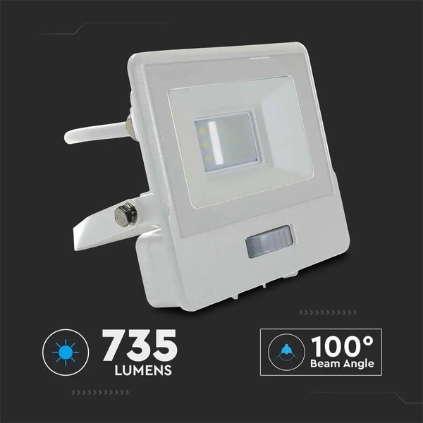 V-TAC beépített mozgásérzékelős LED reflektor 10W természetes fehér, fehér házzal - SKU 20293
