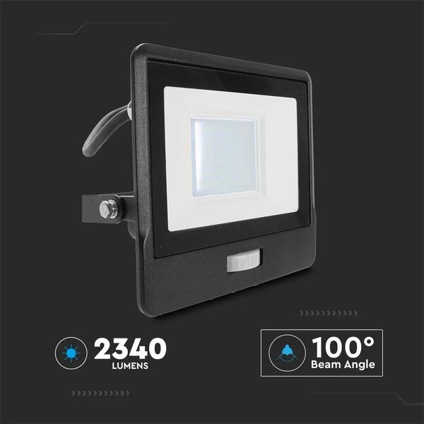 V-TAC beépített mozgásérzékelős LED reflektor 30W hideg fehér, fekete házzal - SKU 20288