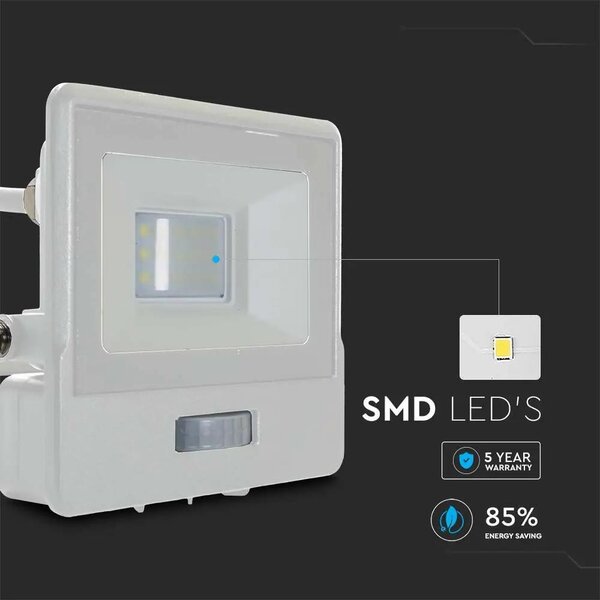 V-TAC beépített mozgásérzékelős LED reflektor 10W természetes fehér, fehér házzal - SKU 20293