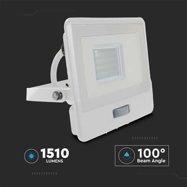 V-TAC beépített mozgásérzékelős LED reflektor 20W természetes fehér, fehér házzal - SKU 20296