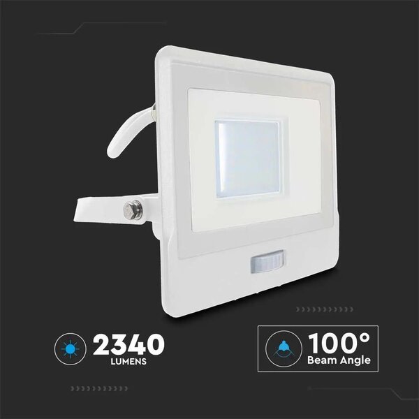 V-TAC beépített mozgásérzékelős LED reflektor 30W természetes fehér, fehér házzal - SKU 20299
