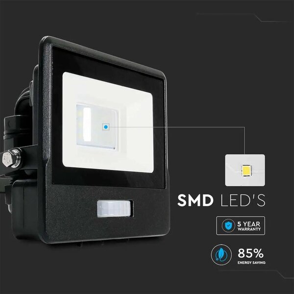 V-TAC beépített mozgásérzékelős LED reflektor 10W meleg fehér, fekete házzal - SKU 20256