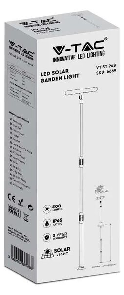 V-TAC napelemes LED kerti lámpa állítható magassággal, 129 cm, természetes fehér - SKU 6669