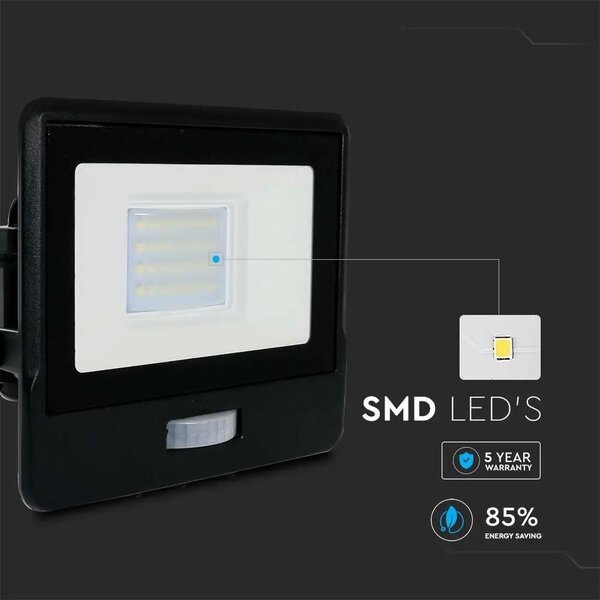 V-TAC beépített mozgásérzékelős LED reflektor 20W meleg fehér, fekete házzal - SKU 20259