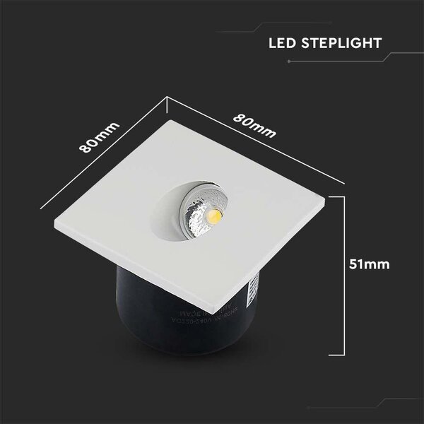 V-TAC 3W beltéri COB LED lépcsővilágítás, szögletes, meleg fehér, 90 Lm/W - SKU 211209