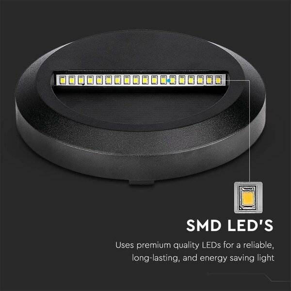 V-TAC 2W fekete LED lépcsővilágítás, kerek, IP65, természetes fehér - SKU 211316