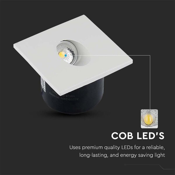 V-TAC 3W beltéri COB LED lépcsővilágítás, szögletes, meleg fehér, 90 Lm/W - SKU 211209