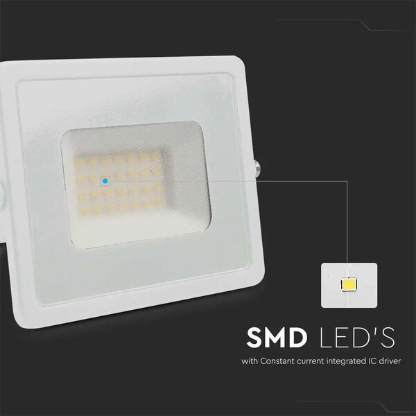 V-TAC E-széria LED reflektor 30W természetes fehér, fehér házzal - SKU 215956