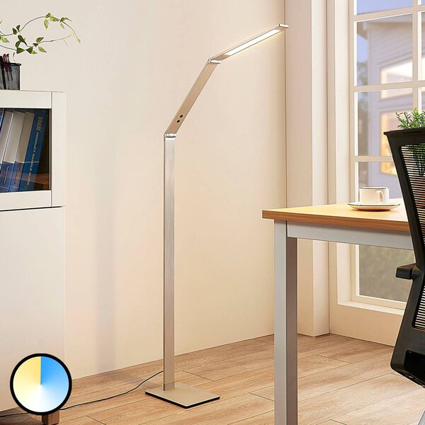 Lucande LED állólámpa Nicano, szürke, fém, CCT, 125cm, dimmelhető, Alu / szürke / cink, Dolgozószoba / Iroda, Alumínium, Modern