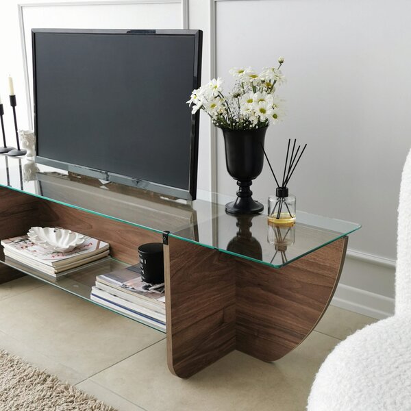 Lily üveg TV-állvány, dió, 158 cm