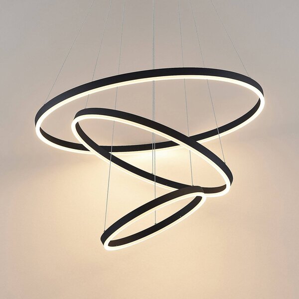 Arcchio LED függőlámpa Albiona, fekete, 3 karika, Ø 80 cm, dimmelhető, Fekete, fém, Modern