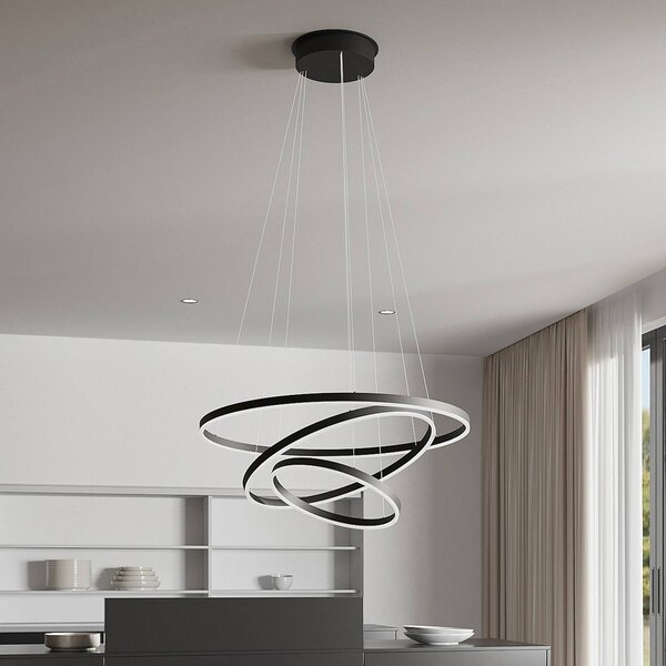 Arcchio LED függőlámpa Albiona, fekete, 3 karika, Ø 80 cm, dimmelhető, Fekete, fém, Modern
