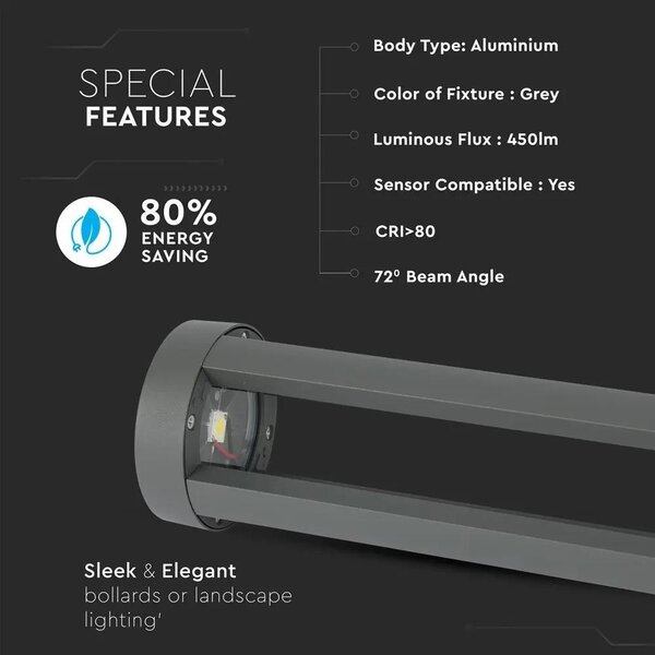 V-TAC 10W kültéri LED lámpa oszlop 80 cm, hideg fehér, szürke házzal - SKU 8330