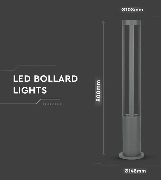 V-TAC 10W kültéri LED lámpa oszlop 80 cm, hideg fehér, szürke házzal - SKU 8330