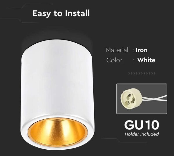 V-TAC GU10 LED falon kívüli henger lámpatest, fehér, vörösarany belsővel - SKU 6690