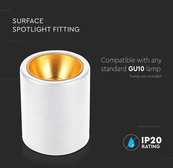 V-TAC GU10 LED falon kívüli henger lámpatest, fehér, vörösarany belsővel - SKU 6690