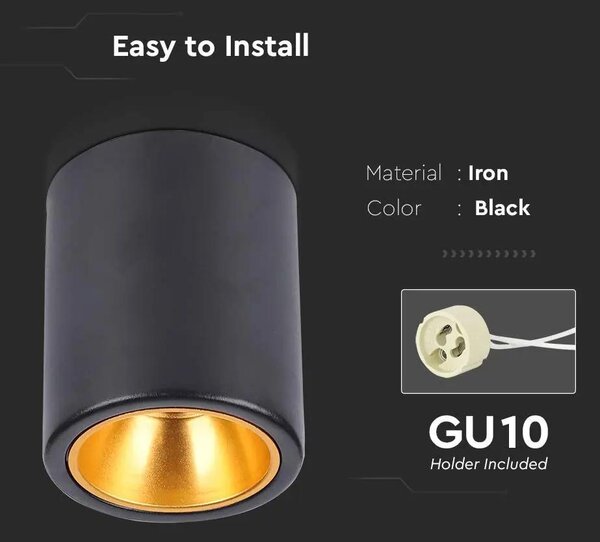 V-TAC GU10 LED falon kívüli henger lámpatest, fekete, vörösarany belsővel - SKU 6691