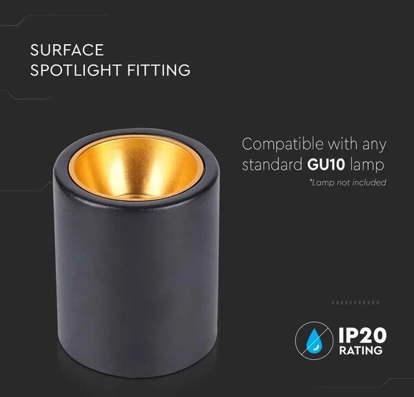 V-TAC GU10 LED falon kívüli henger lámpatest, fekete, vörösarany belsővel - SKU 6691