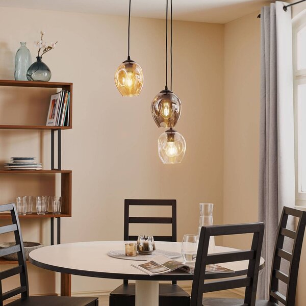 EMIBIG LIGHTING Starla függő lámpa, üveg grafit/borostyán/átlátszó, 3 izzós, kerek, dimmelhető, Fekete, Nappali / Étkező, Üveg, Modern