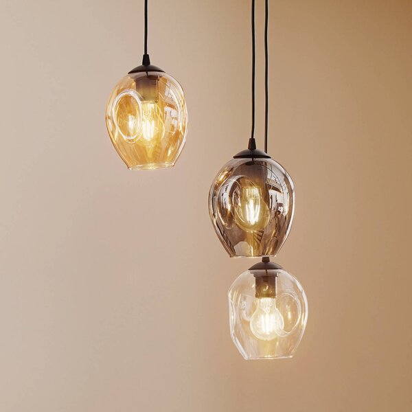 EMIBIG LIGHTING Starla függő lámpa, üveg grafit/borostyán/átlátszó, 3 izzós, kerek, dimmelhető, Fekete, Nappali / Étkező, Üveg, Modern