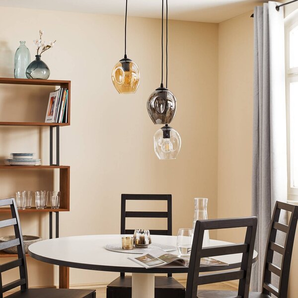EMIBIG LIGHTING Starla függő lámpa, üveg grafit/borostyán/átlátszó, 3 izzós, kerek, dimmelhető, Fekete, Nappali / Étkező, Üveg, Modern