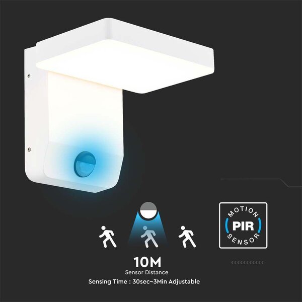 V-TAC fehér fali forgatható kültéri 17W LED lámpatest, mozgásérzékelővel, meleg fehér - SKU 2946