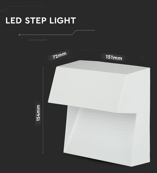 V-TAC 3W fehér LED lépcsővilágítás, szögletes, IP65, meleg fehér, 100 Lm/W - SKU 121402