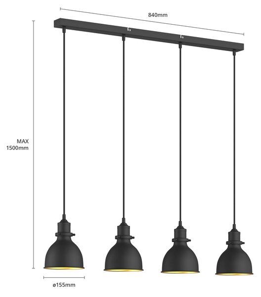 Lindby függőlámpa Jasminka, fekete/arany, fém, 4 lámpás., dimmelhető, Fekete, Konyha, fém, Indusztriális dizájn