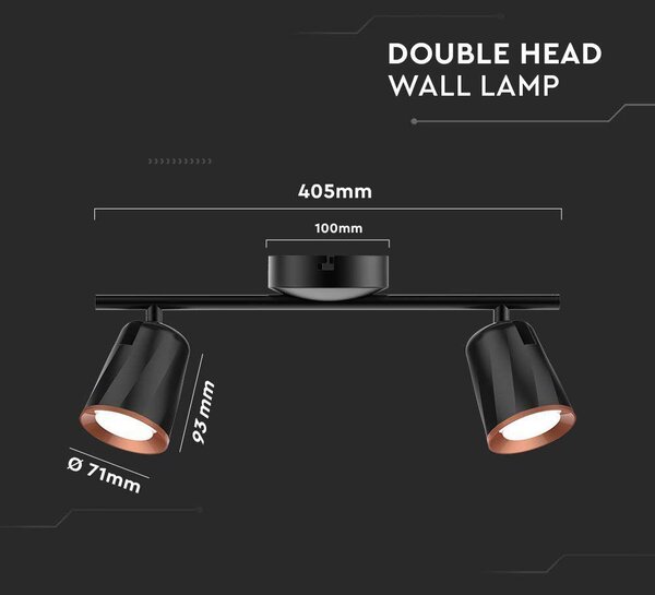 V-TAC kétfejű 10W beltéri fekete fali LED lámpa, meleg fehér, 100 Lm/W - SKU 218255