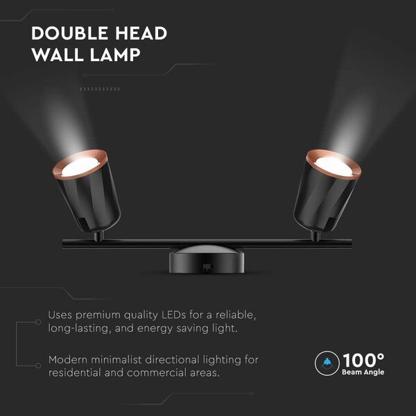 V-TAC kétfejű 10W beltéri fekete fali LED lámpa, meleg fehér, 100 Lm/W - SKU 218255