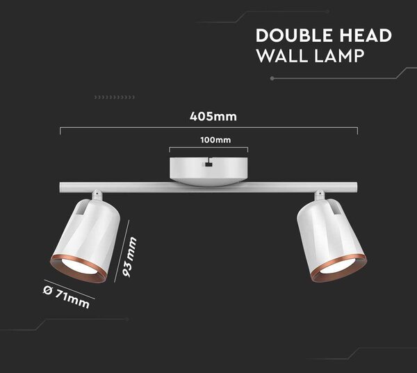 V-TAC kétfejű 10W beltéri fehér fali LED lámpa, meleg fehér, 100 Lm/W - SKU 218254