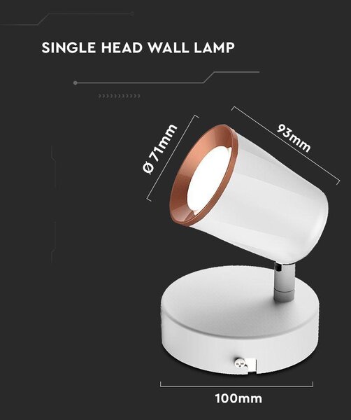 V-TAC egyfejű 5W beltéri fehér fali LED lámpa, meleg fehér, 100 Lm/W - SKU 218250