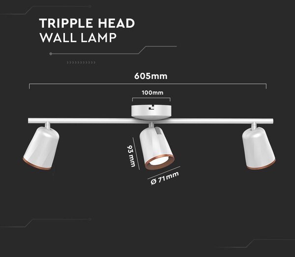 V-TAC háromfejű 15W beltéri fehér fali LED lámpa, meleg fehér, 100 Lm/W - SKU 218258