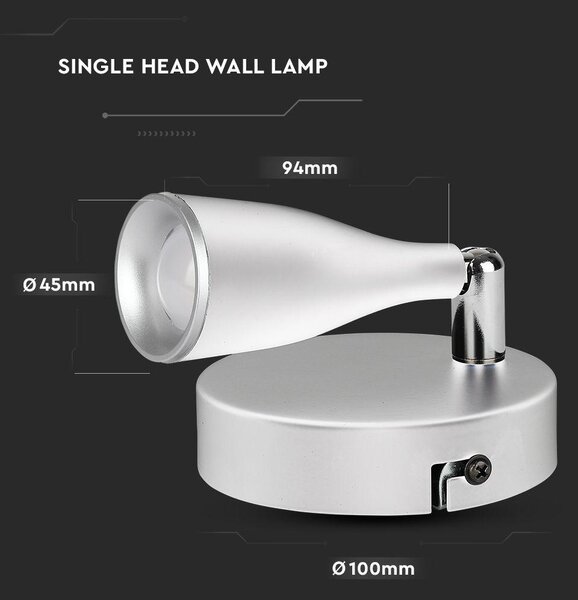V-TAC egyfejű 4.5W beltéri fehér fali LED lámpa, meleg fehér, 90 Lm/W - SKU 218262