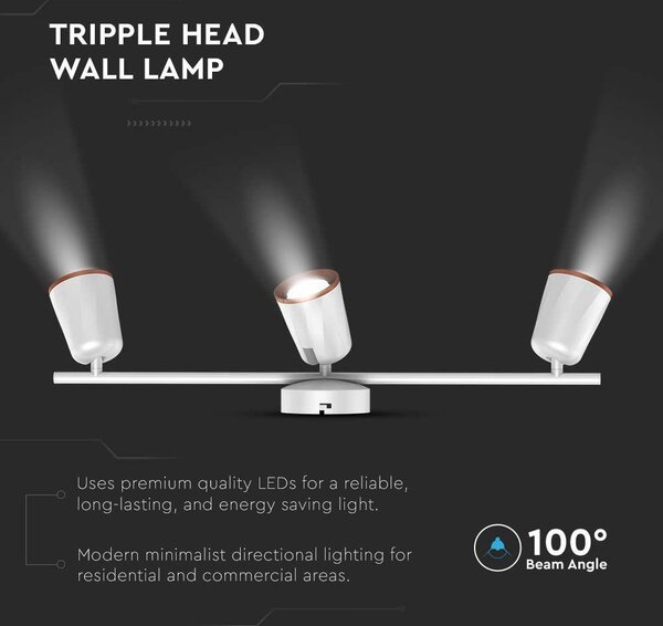 V-TAC háromfejű 15W beltéri fehér fali LED lámpa, meleg fehér, 100 Lm/W - SKU 218258