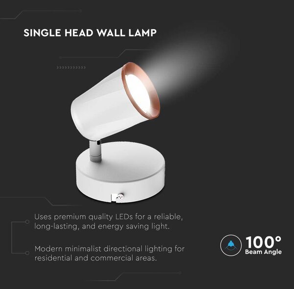 V-TAC egyfejű 5W beltéri fehér fali LED lámpa, meleg fehér, 100 Lm/W - SKU 218250
