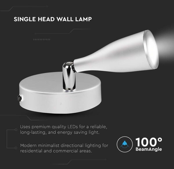 V-TAC egyfejű 4.5W beltéri fehér fali LED lámpa, meleg fehér, 90 Lm/W - SKU 218262