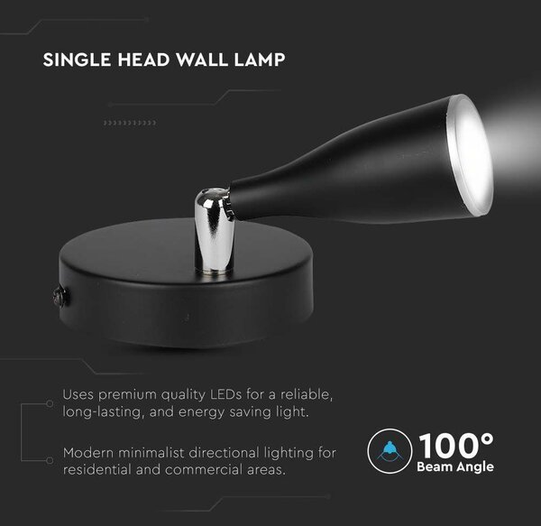 V-TAC egyfejű 4.5W beltéri fekete fali LED lámpa, meleg fehér, 90 Lm/W - SKU 218263
