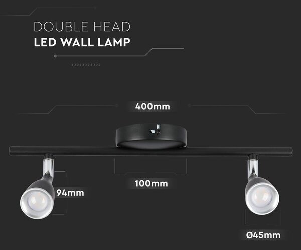 V-TAC kétfejű 9W beltéri fekete fali LED lámpa, természetes fehér, 90 Lm/W - SKU 218269