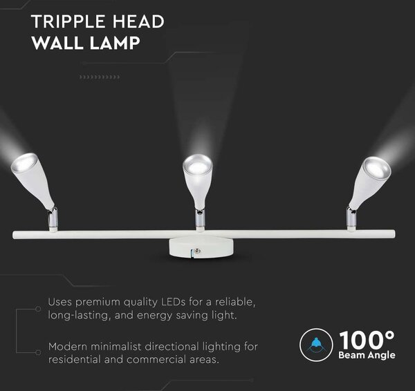 V-TAC háromfejű 13.5W beltéri fehér fali LED lámpa, meleg fehér, 90 Lm/W - SKU 218270