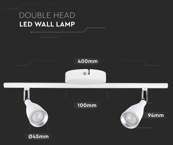 V-TAC kétfejű 9W beltéri fehér fali LED lámpa, meleg fehér, 90 Lm/W - SKU 218266