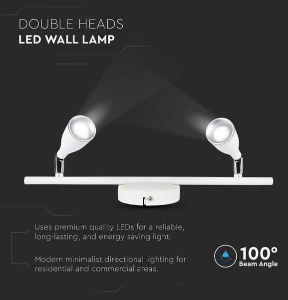 V-TAC kétfejű 9W beltéri fehér fali LED lámpa, meleg fehér, 90 Lm/W - SKU 218266