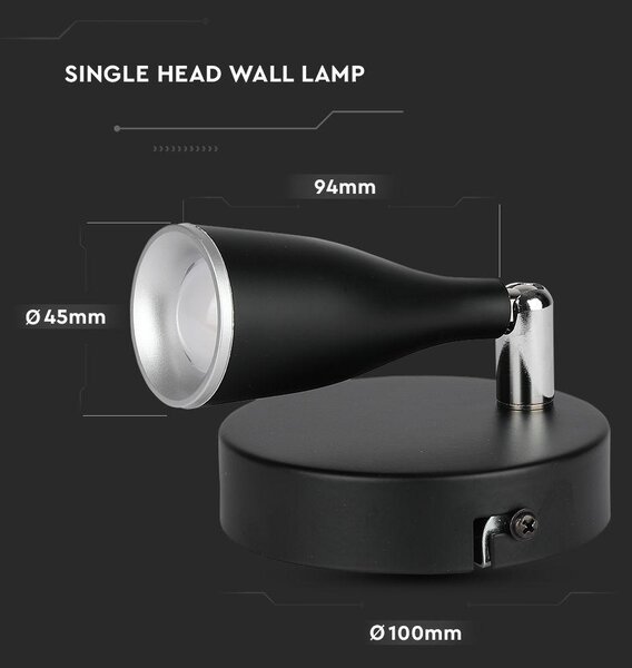 V-TAC egyfejű 4.5W beltéri fekete fali LED lámpa, meleg fehér, 90 Lm/W - SKU 218263