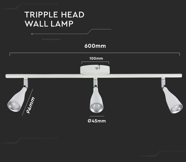 V-TAC háromfejű 13.5W beltéri fehér fali LED lámpa, meleg fehér, 90 Lm/W - SKU 218270