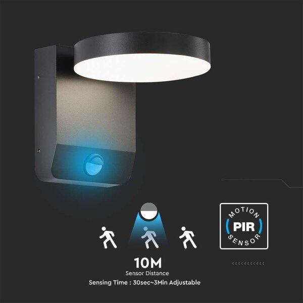 V-TAC kültéri 17W LED lámpa, mozgásérzékelővel, kerek forgatható fej, fekete, meleg fehér - SKU 2956