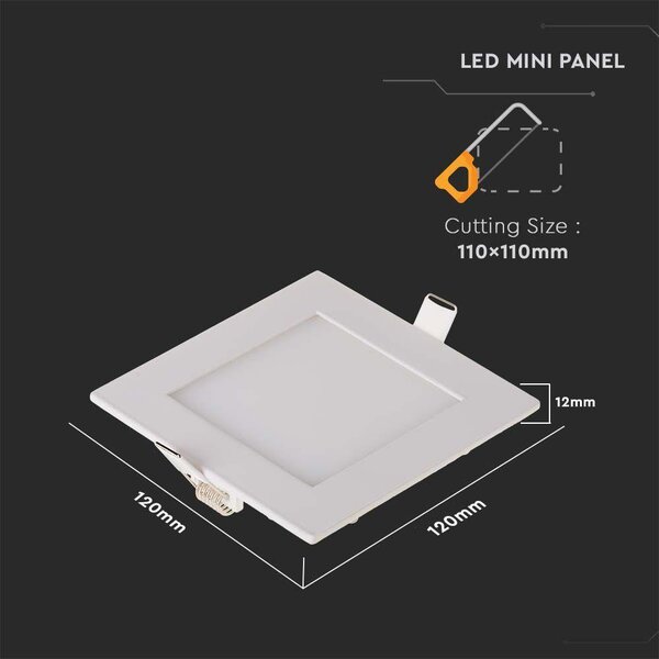 V-TAC süllyeszthető szögletes fémházas LED panel 6W hideg fehér - SKU 214865
