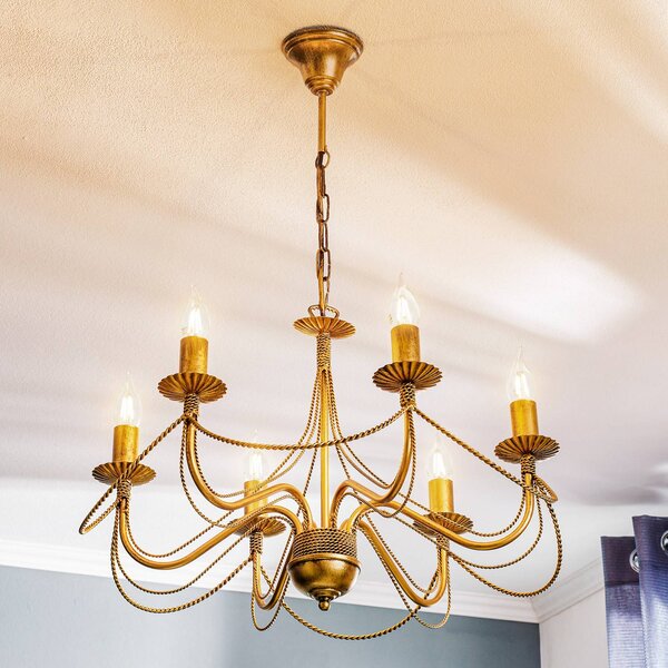 EMIBIG LIGHTING Csillár Tori 6, 6 izzós, arany, dimmelhető, Sárgaréz / arany, Nappali / Étkező, fém, Antik