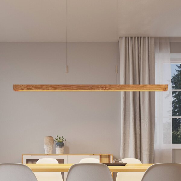 Lindby Alimara LED-es fa függőlámpa, fa, hossza 138 cm, dimmelhető, Világos fa, Nappali / Étkező, fém, Modern
