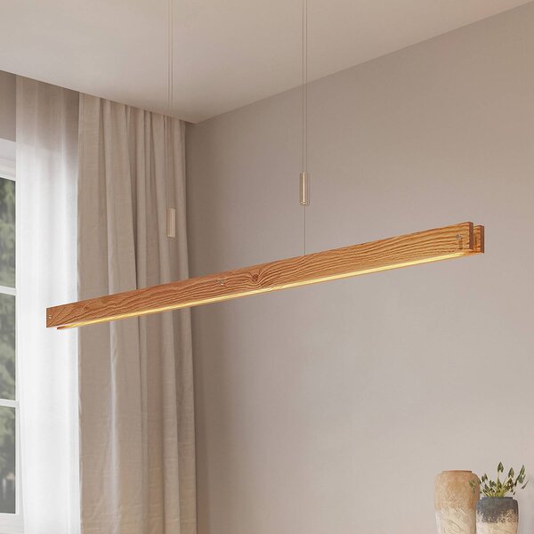 Lindby Alimara LED-es fa függőlámpa, fa, hossza 138 cm, dimmelhető, Világos fa, Nappali / Étkező, fém, Modern