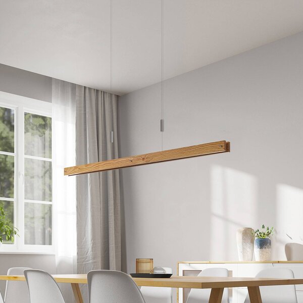 Lindby Alimara LED-es fa függőlámpa, fa, hossza 138 cm, dimmelhető, Világos fa, Nappali / Étkező, fém, Modern
